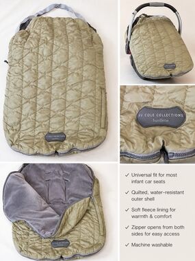 JJ Cole Olive Green Quilted Infant Car Seat Cover with Gray Fleece Lining